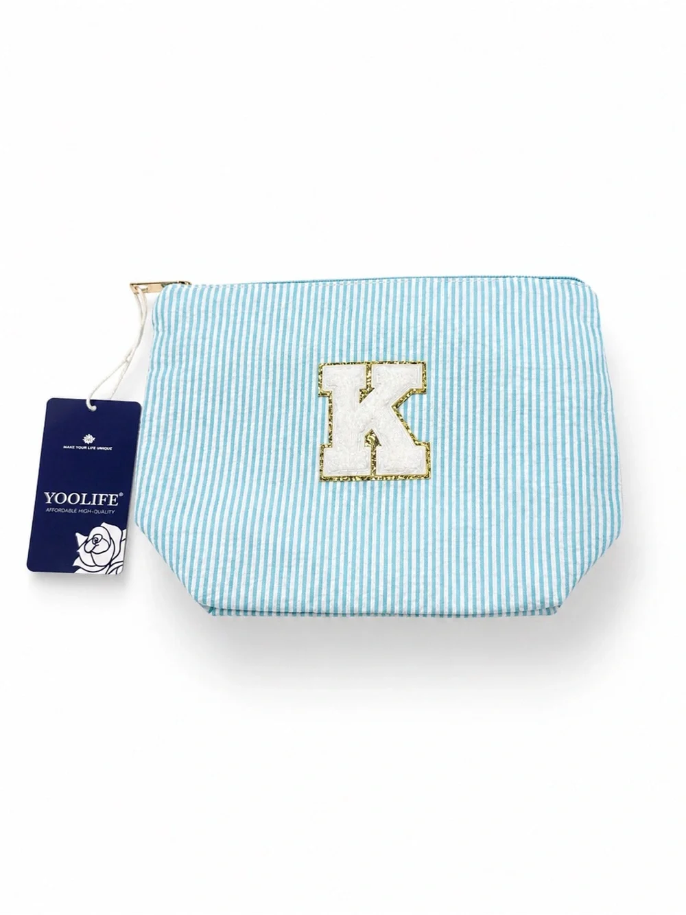 YOOLIFE Seersucker Initial “K” Cosmetic / Makeup Bag – Aqua Stripe NWT